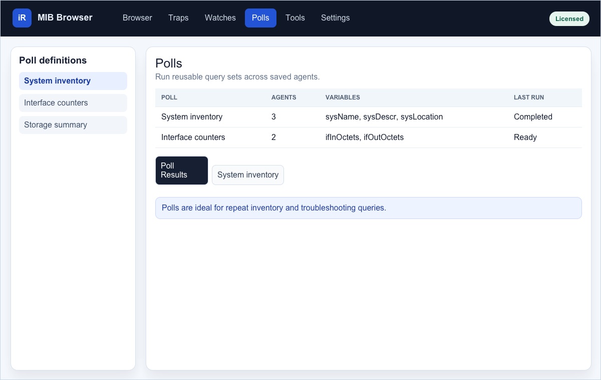 Screenshot of the Polls workspace with reusable poll definitions and poll results