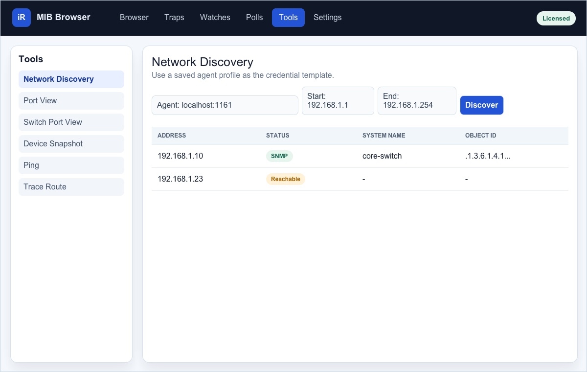 Screenshot of Network Discovery tool with agent profile and IPv4 range fields