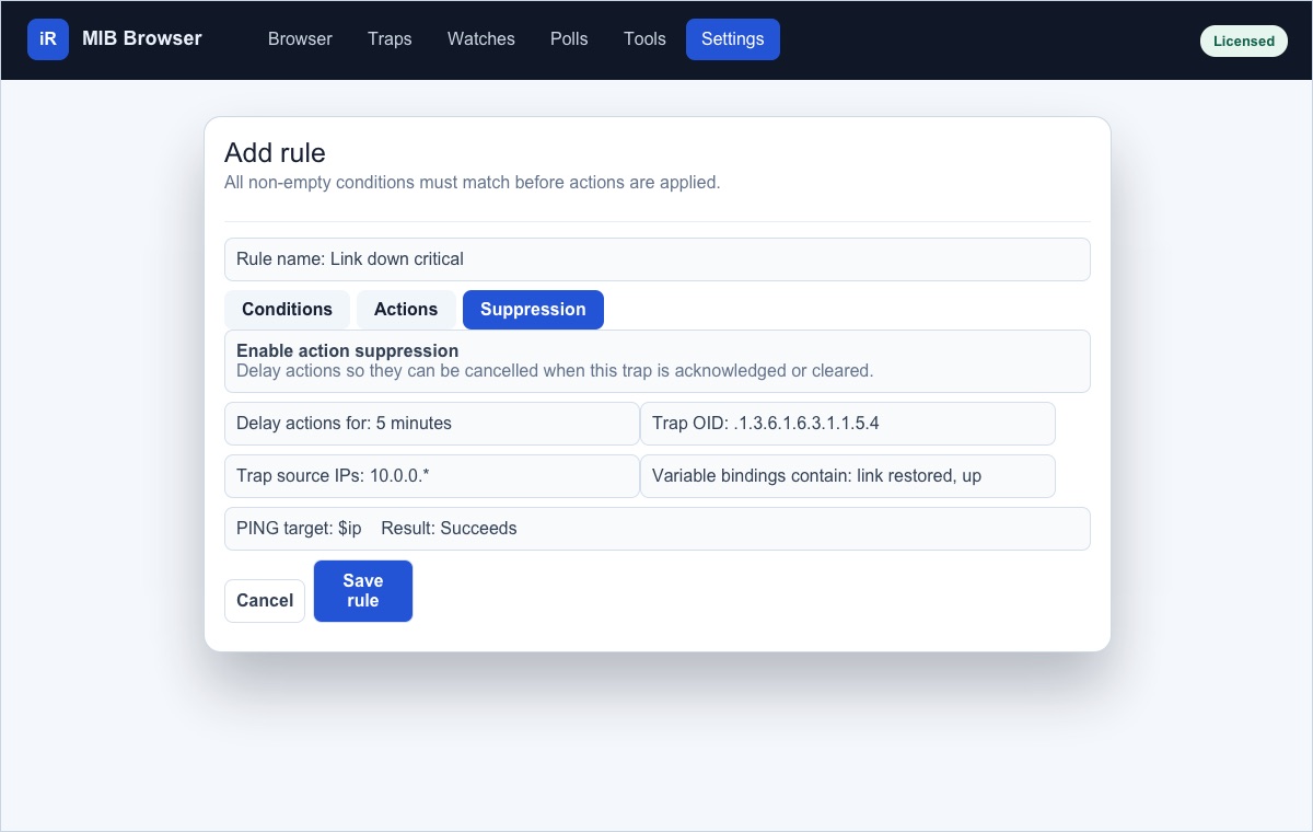 Screenshot of the Add rule dialog with the Suppression tab selected